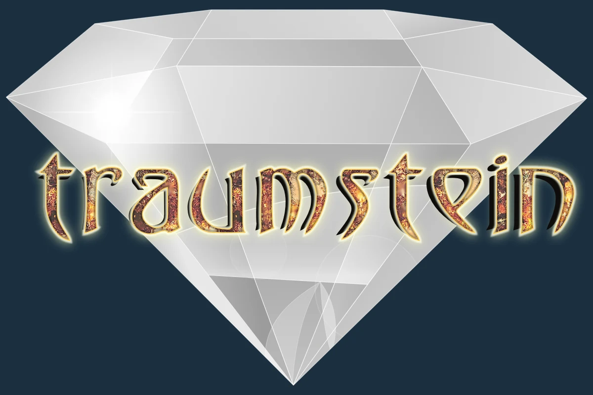 Das Traumstein-Logo: ein geschliffener Stein, darüber der Schriftzug traumstein in Bernstein